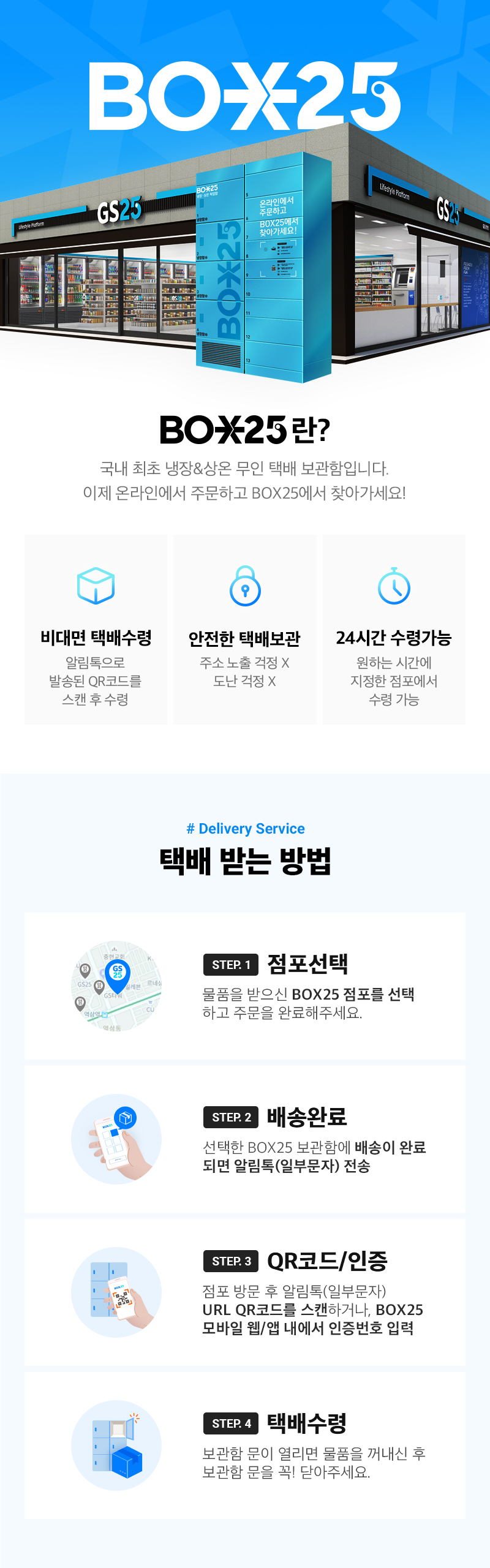 BOX25란? 국내 최초 냉장상온 무인 택배 보관입니다. 이제 온라인에서 주문하고 BOX25에서 찾아가세요!